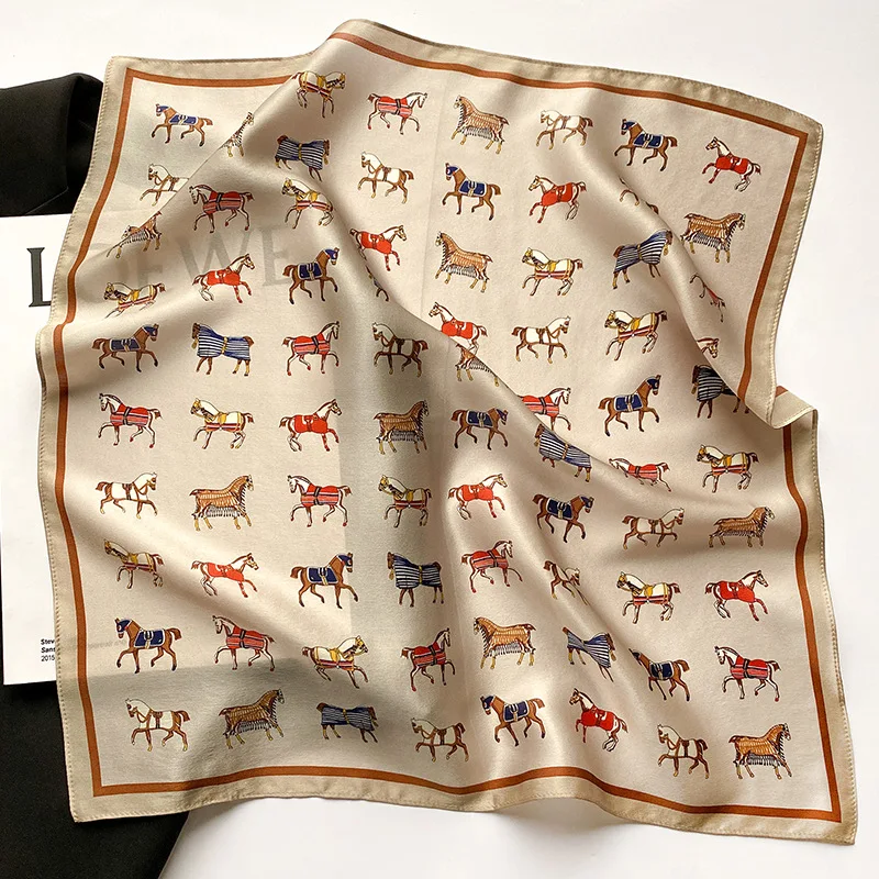 Vintage Horse Print Satin 100% Silk Square Scarf Anti Wrinkle Neck Scarf Bag Decor Hair Band Portable Ladies Fashion Accessory