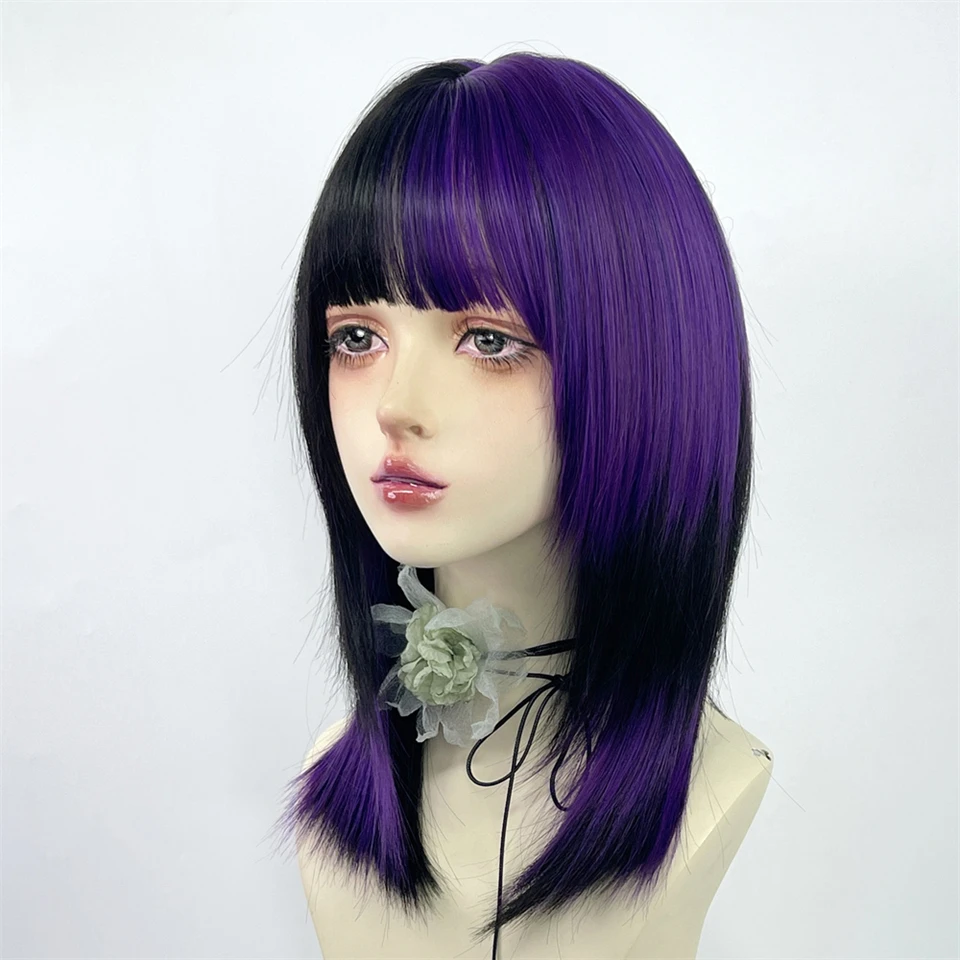 Yelowtim perruques synthétiques pour femmes longues perruques droites naturelles noir violet avec frange plate perruque colorée résistante à la chaleur de fête LM