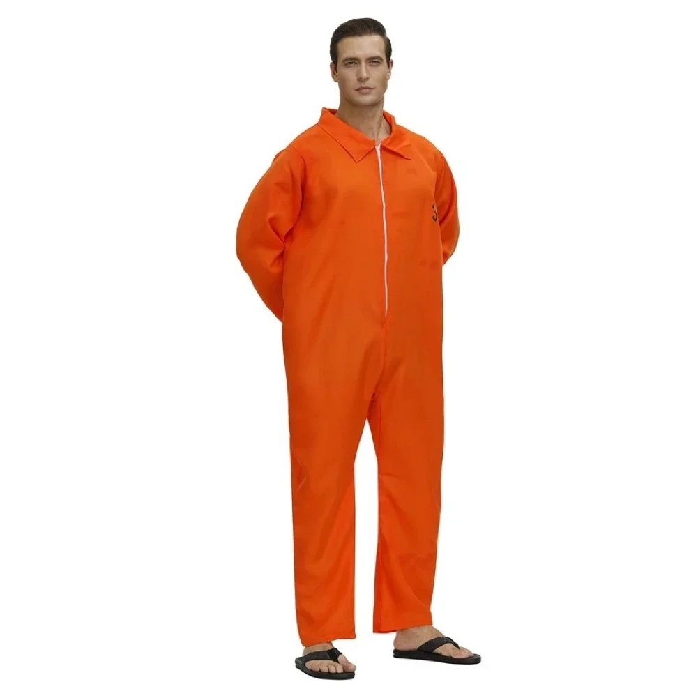 Prisoner Costume Men Jail Criminal Dress Up Escaped Prisoner Jumpsuit Adult Prison Inmate Halloween Cosplay Costumes Orange