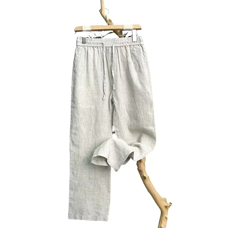 Linen Natural Pure Skin Breathable Summer Pure Color Fashion Linen  Men Loose 100% Linen Straight Flax Casual Pants