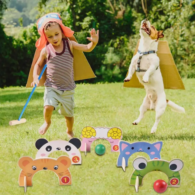 Children Kid Croquet Set Wooden Sturdy Interactive Toy For Active Play Bright Colors Lightweight Design Outdoors Animal Croquet