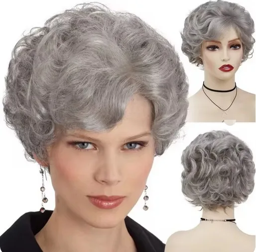 Peluca rizada, pelucas cortas sintéticas para mujer, pelo Natural, peluca gris con flequillo, disfraz de Cosplay, peluca elegante para mujer mayor