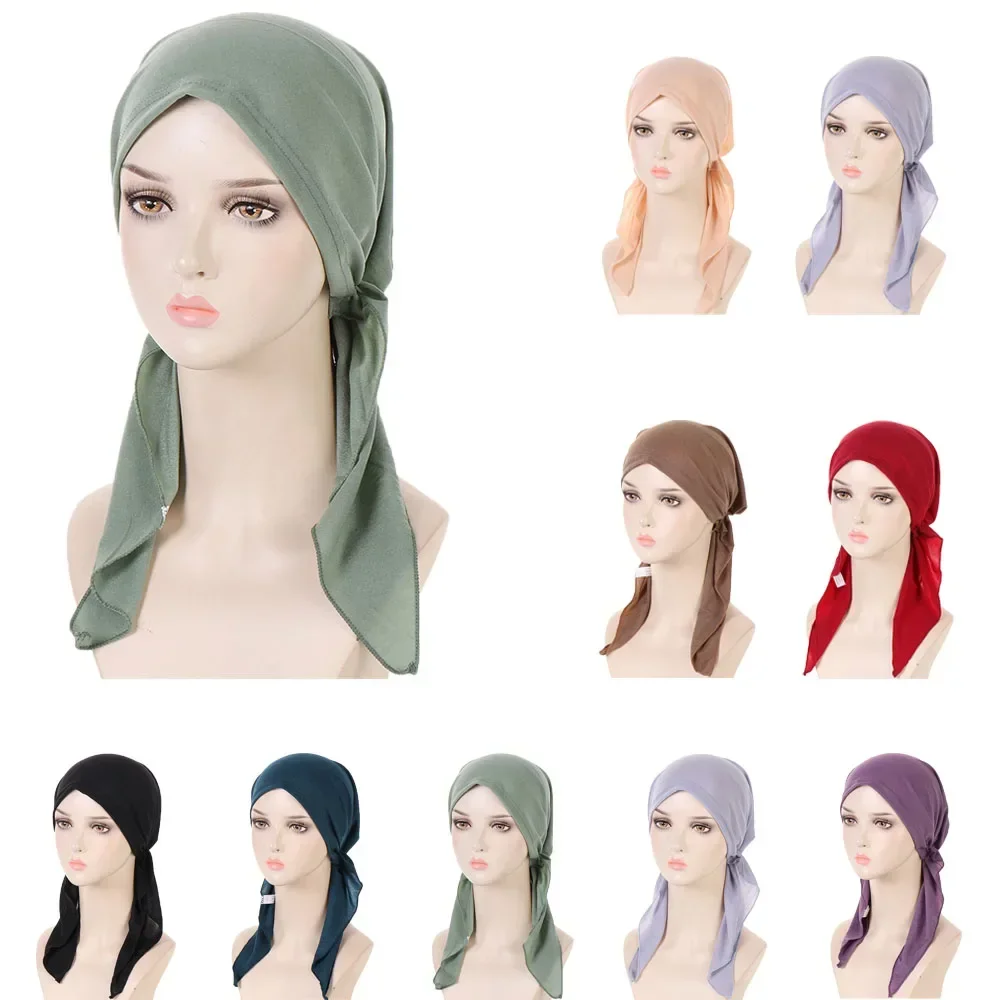 

Предварительно завязанная шляпа, женский мусульманский внутренний хиджаб, тюрбан, химиотерапия, длинный хвост, платок, шапочка, эластичный головной убор, рак, нижний шарф