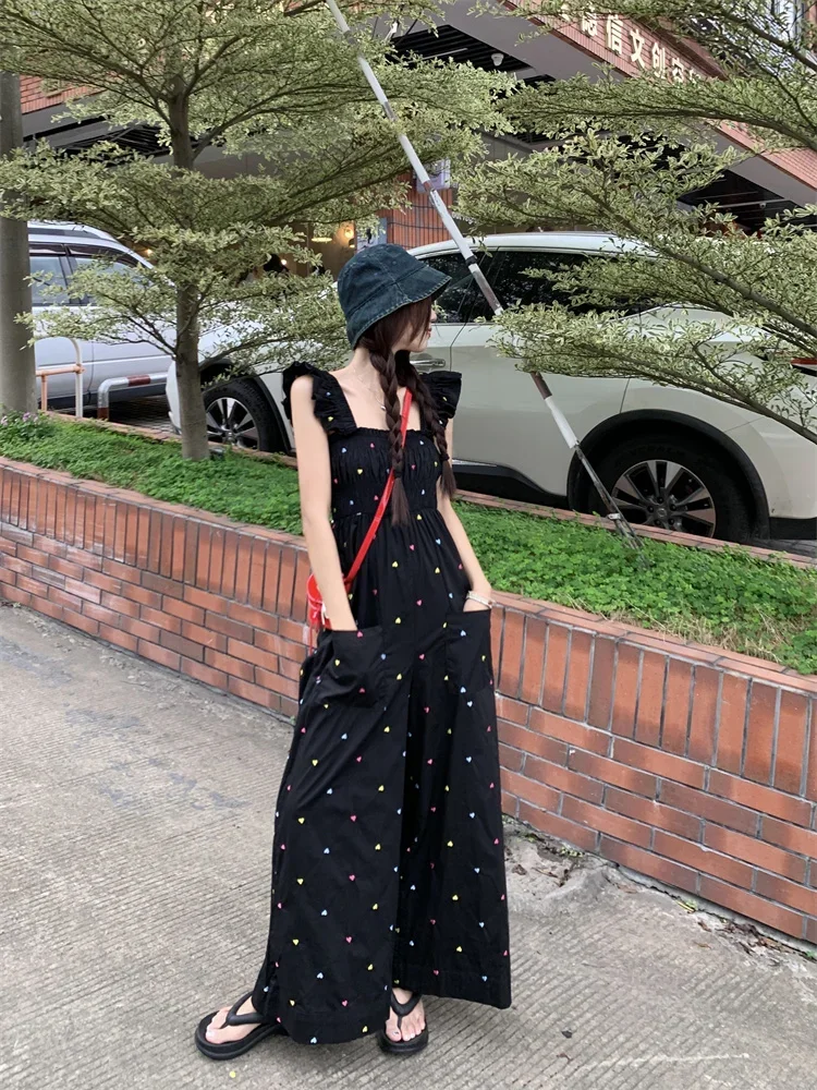 

Colorful Hearts Embroidery Jumpsuit Women Ruffles Elastic Chest Wide Legs Overalls Flying Sleeves Sweet Contrast Pants