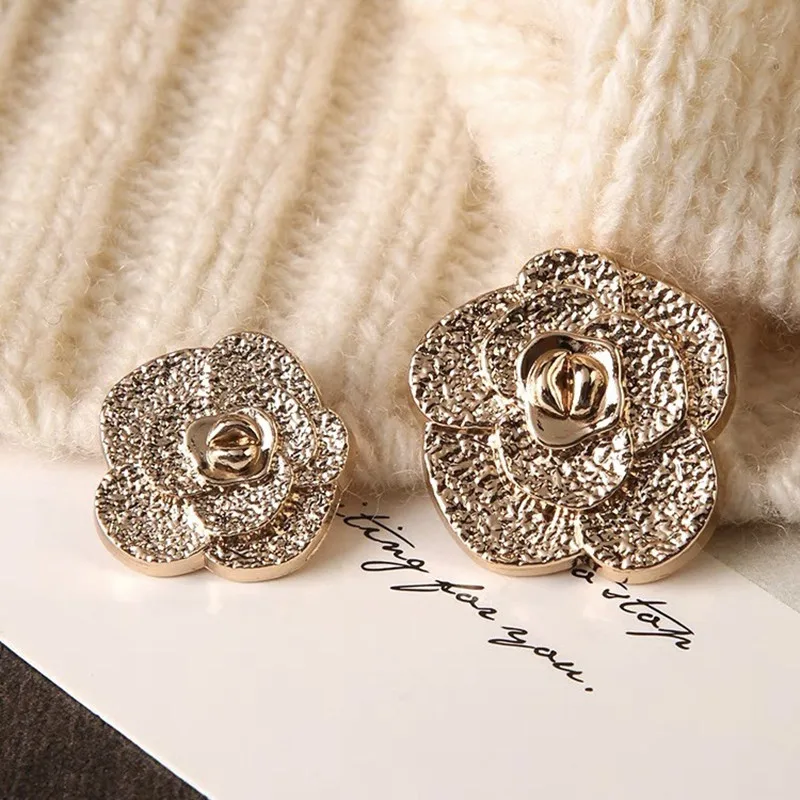 10PCS Camellia Metal Buttons DIY Coat Tweed Knitted Sweater Buckle Flower Decorative Shank 3D Buttons