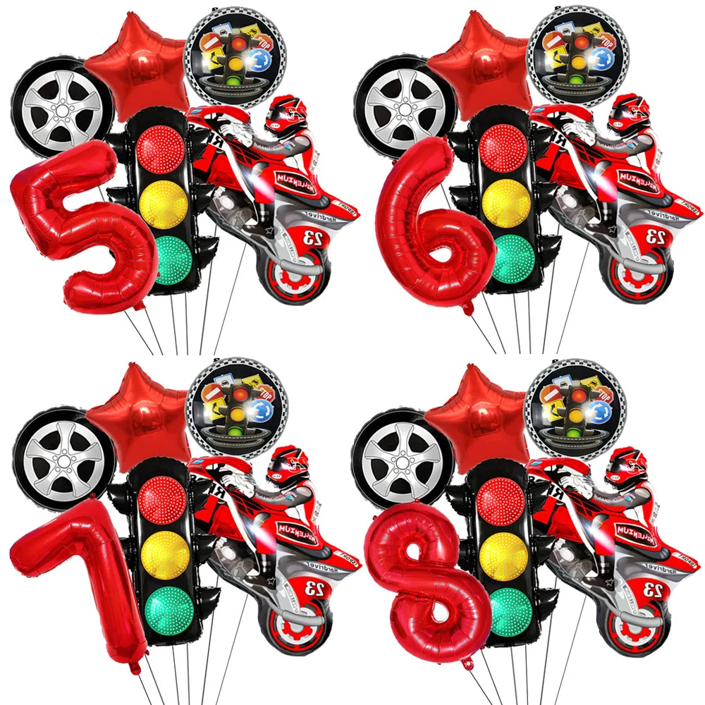 Ensemble de 6 ballons de course automobile, moto, feux de circulation, pneus, roues, numéros, thème de course automobile, décoration de fête d'anniversaire pour enfants, fournitures, cadeau pour