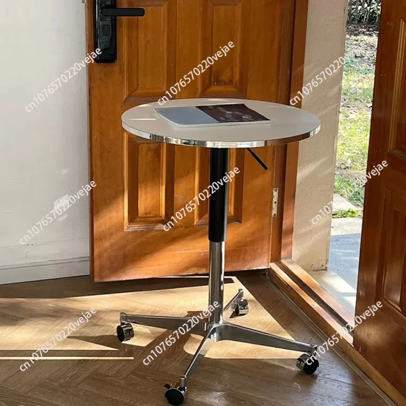 Modern Mobile Round Dining Table with Silver Edge, Height Adjustable Side Table for Cafe Office Kitchen Island Small Space Use