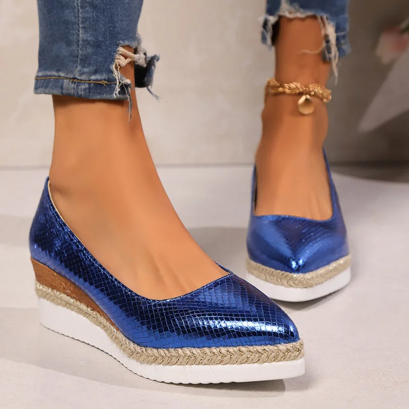 

2025 Fall Wedge Heel Shoes for Women, Plus Size Pointed Toe Flats with Jute Sole, Fashion Platform Sandals in Multiple Colors