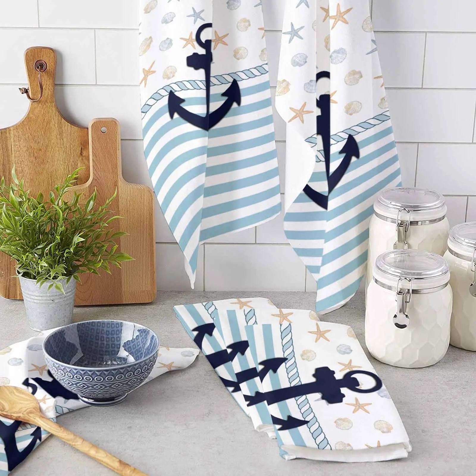 Anchor Sea Star Shell Rope  Microfiber Towel Absorbent Kitchen Cleaning Cloth Dish Towel Household Cleaning Towel