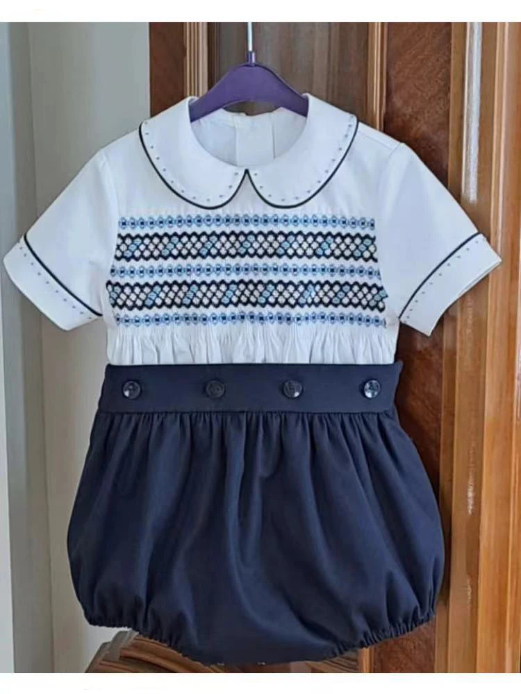 

0-3Y Boy Summer Navy Blue Smocked Outfit Suit