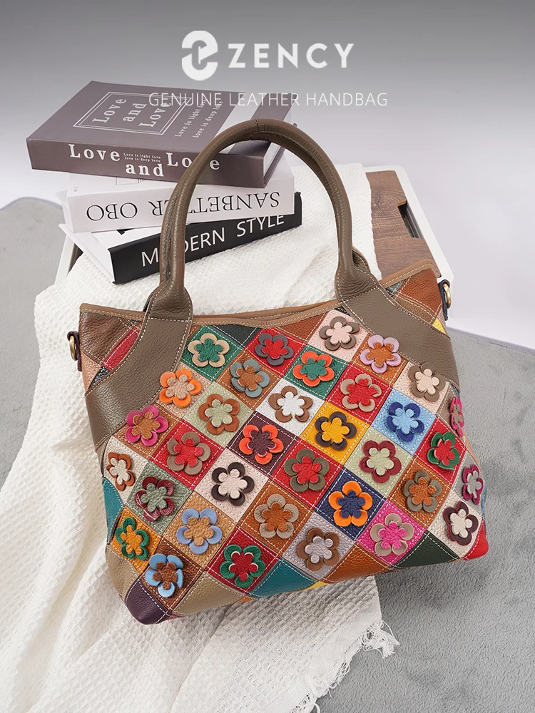 Zency Genuine Leather Women's Work Tote Bag Handbag Large Capacity High Quality Natural Leather Shoulder Crossbody Long Strap