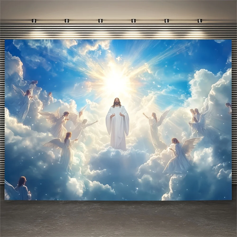 Jesus Christ With Angels In Heaven Clouds And Light Background Wall Mural For Home Or Church Decor