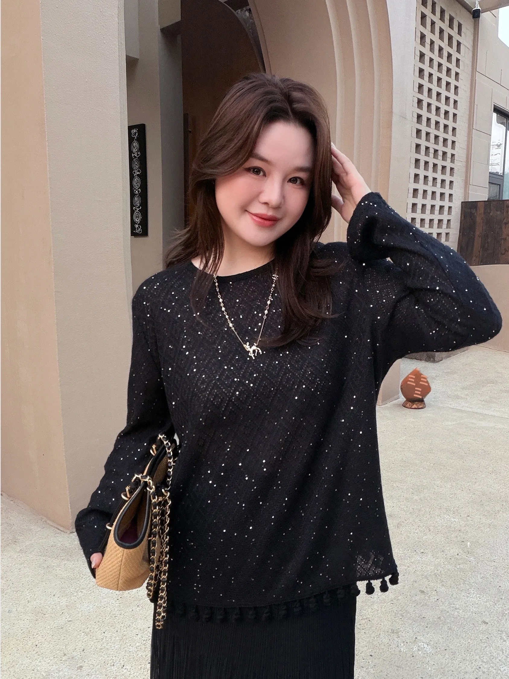 

JiJi Private Label Long Sve iny Ruffle Hemmed Slimming Diamond Patterned Top Casual Sle Polyester Fiber Open Cardigan
