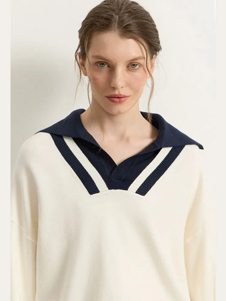 Casual สี Contrast Navy Collar หลวมเสื้อกันหนาวผู้หญิงแขนยาวเอวยางยืด V คอสั้นเสื้อกันหนาวหญิง Street Wear