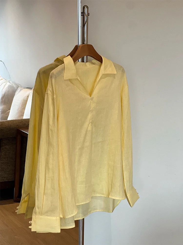 

Heidd Early Spring 2026 Yellow Loose Fit Long Sleeve V-Neck Linen Shirt Women's Elegant Style Comfortable Loose Shirt