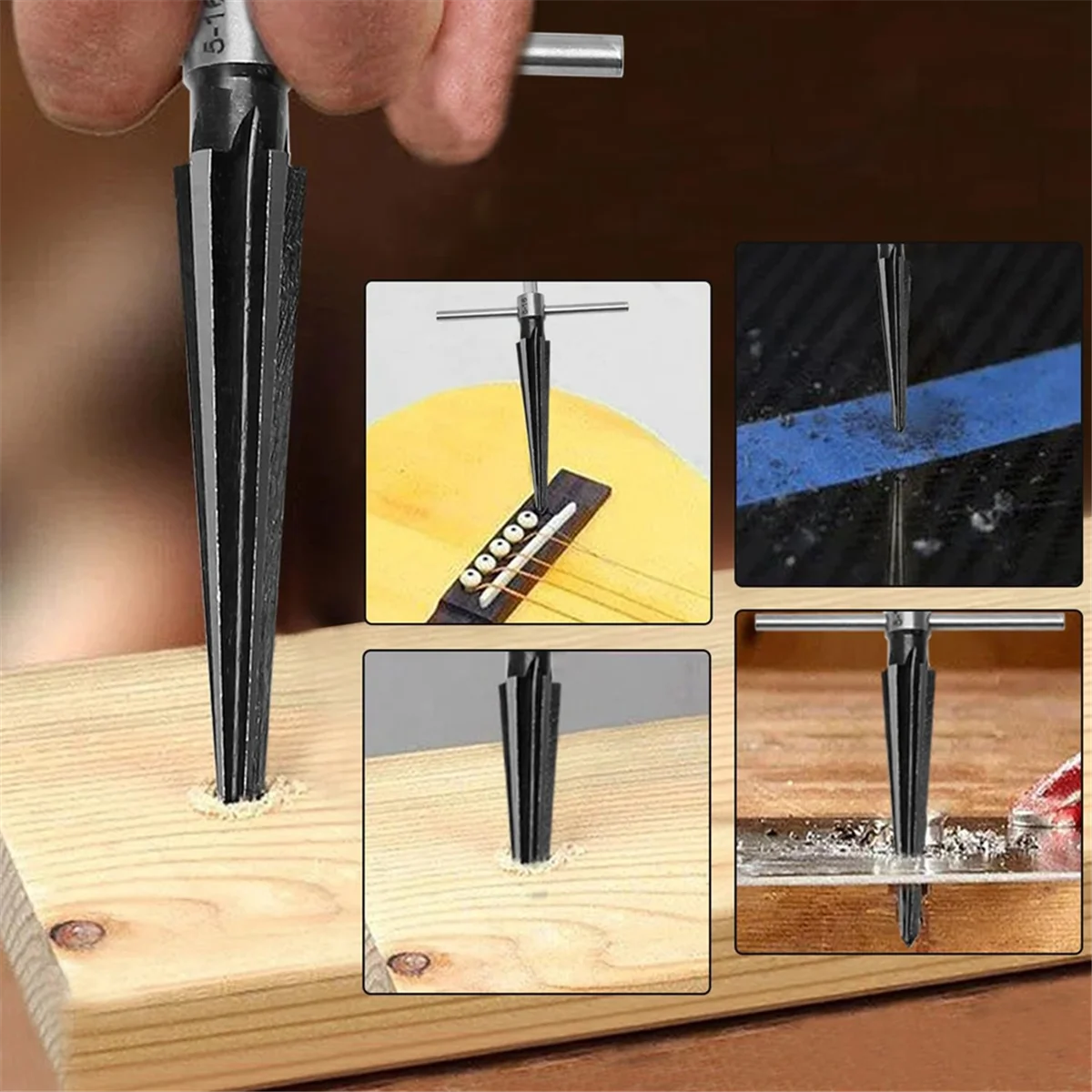 

Hand Reamer Tool, Tapered Reamer Set, 3-13mm(1/8In-1/2In) & 5-16mm(½In-5/8In) Bridge Pin Hole Handle Tapered Reamers