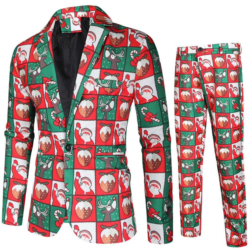 X-mas Snowflake Printing Mens Suit Sets Fashion Party Stage 2 Piece Suits for Men Blazer and Pants Christmas Costume Clothes 4XL