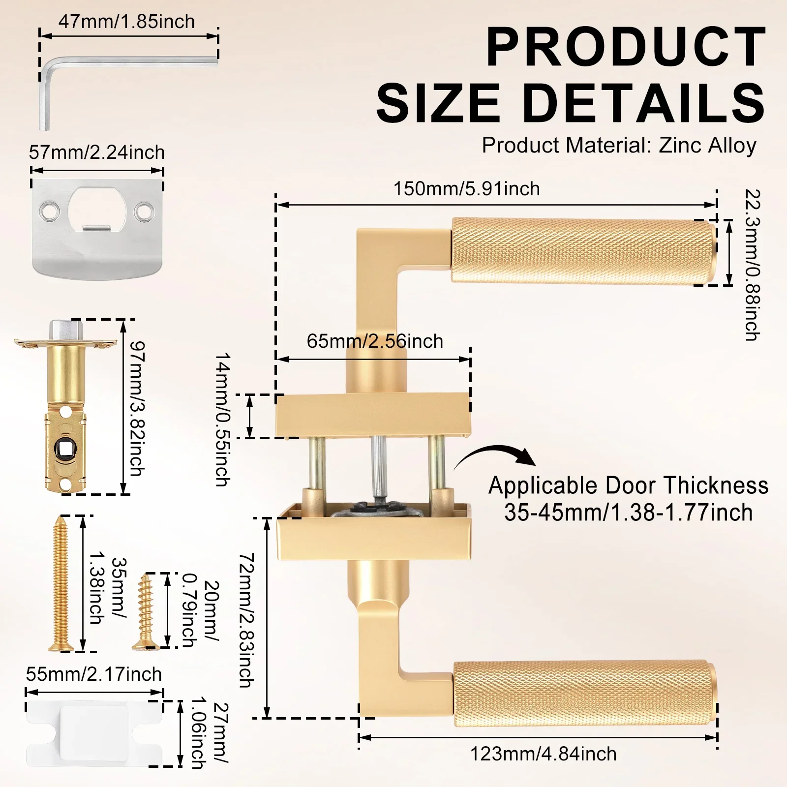Keyless Privacy Door Handle Matte Gold Interior Door Lever Lock with Emergency Slot No Key DIY Installation for Bedroom Bathroom