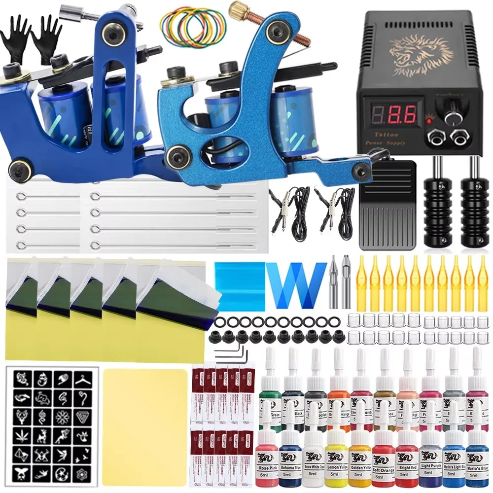 

Complete Coil Tattoo Machine Kit Gun Set with Power Supply Grips Body Art Tools Set Permanent Makeup Tattoo Set