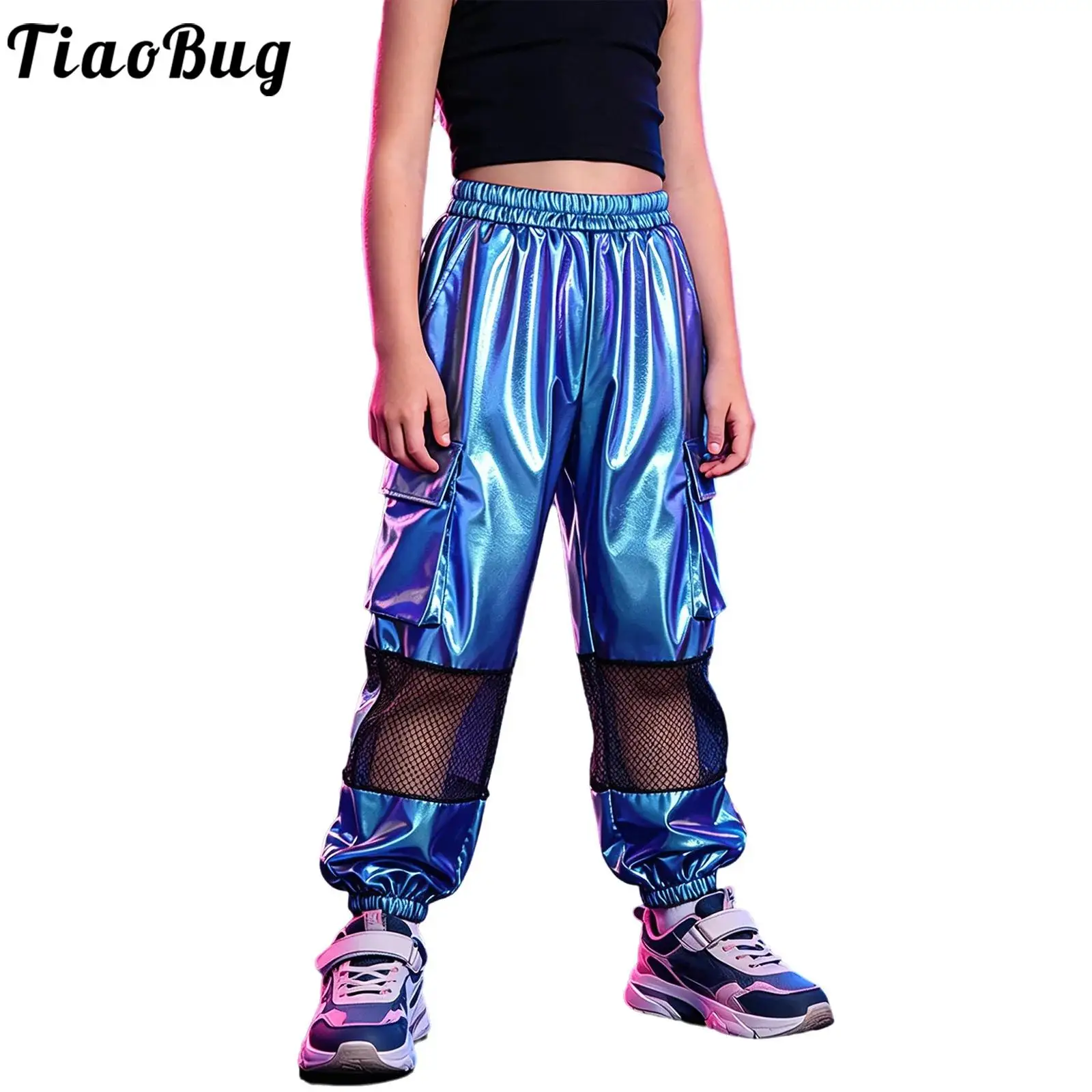 Kids Girls Metallic Shiny Hip Hop Jazz Dance Cargo Pants Hollow Out Mesh Loose Athletic Joggers Trousers with Pockets Streetwear