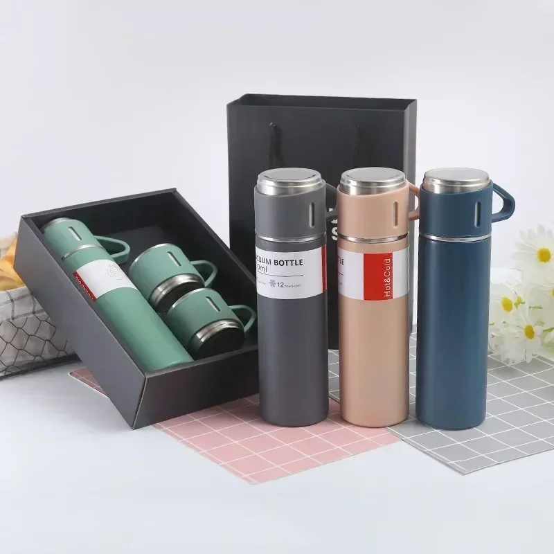 One Cup Three Lid Thermos Cup Set 304 Stainless Steel Handle Lid Gift Cup Men's And Women's Portable Gift Box Set