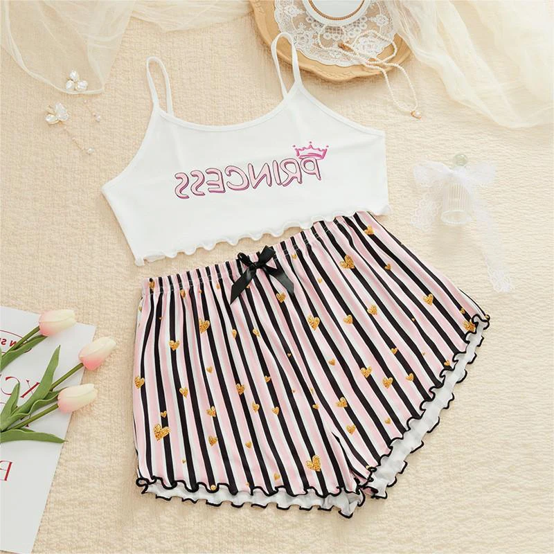 Fashionable And Sexy Home Casual Striped Shorts + Vest Pajamas Two-Piece Set For Women