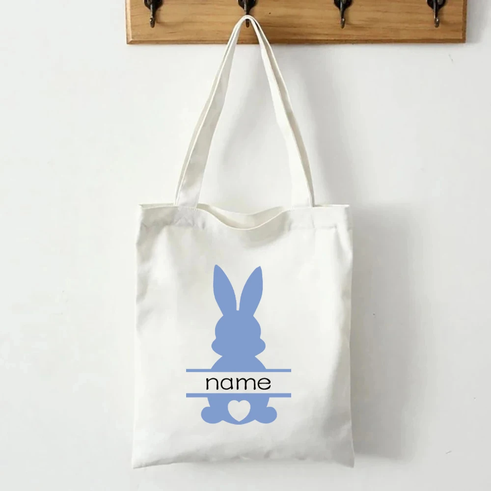 Easter Bunny Customized Name Canvas Shoulder Bag Large Capacity Storage Tote Bag Lunch Box Travel Reusable Shopping Bags Gift