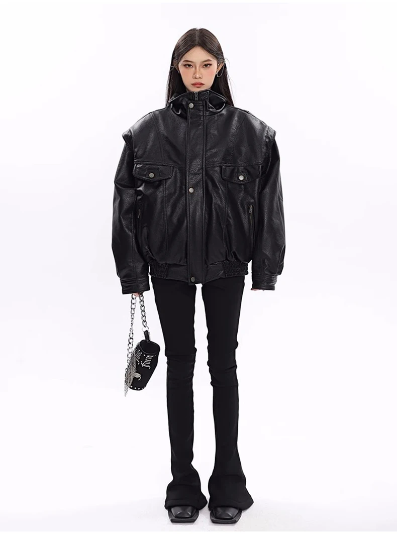 Nerazzurri Spring Autumn Oversized Cool Windproof Thick Black Pu Leather Jacket Women Zip Up Luxury Designer Unisex Clothes 2023