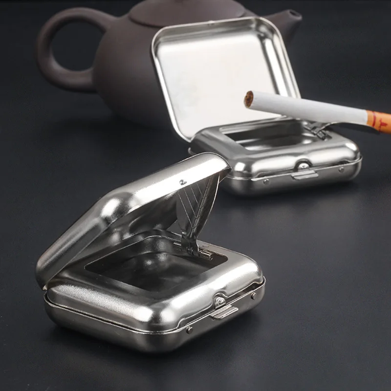 1PC Mini Metal Cigarette Sealed Ash Tray With Lids Portable Outdoor Travel Small Stainless Steel Square Pocket Ashtray