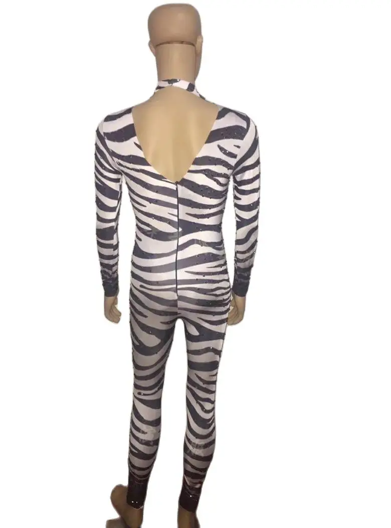 Damski Nowy Seksowny Kombinezon w Paski Zebra z Elastyczną Gumką, Błyszczące Kryształki, Obcisłe Rampersy, Kostiumy na Występ, do Klubu Nocnego, dla Piosenkarki