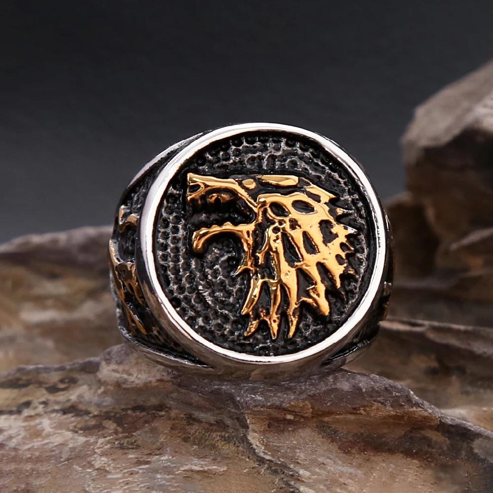 Fashion Vintage Nordic Viking Wolf Ring For Men Stainless Steel Ice Wolf House Stark Winterfell Animal Rings Punk Jewelry Gifts