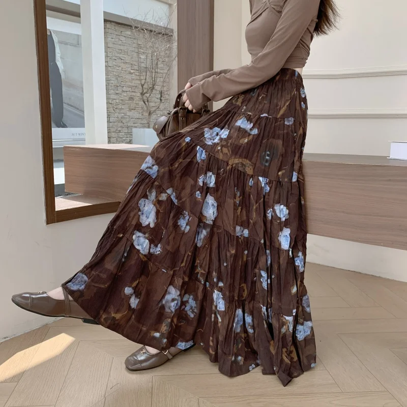 

Ретро-юбка с цветочным принтом и вставками, женская свободная приталенная юбка А-силуэта, длинная юбка на осень-зиму, новая модель с высокой талией, расклешенная юбка