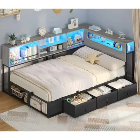 Twin Corner Bed Frame with Bookcase Storage & Headboard, Grey | Charging Station, RGB Lights, Metal Daybed with 3