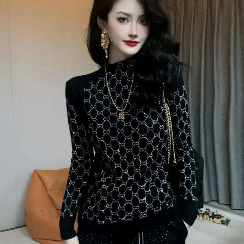 

Women's Semi High Neck Autumn Winter Tshirt New Hot Pressed Diamond Round Grid Chic Bright Diamond T-shirt Slimming Base Shirt