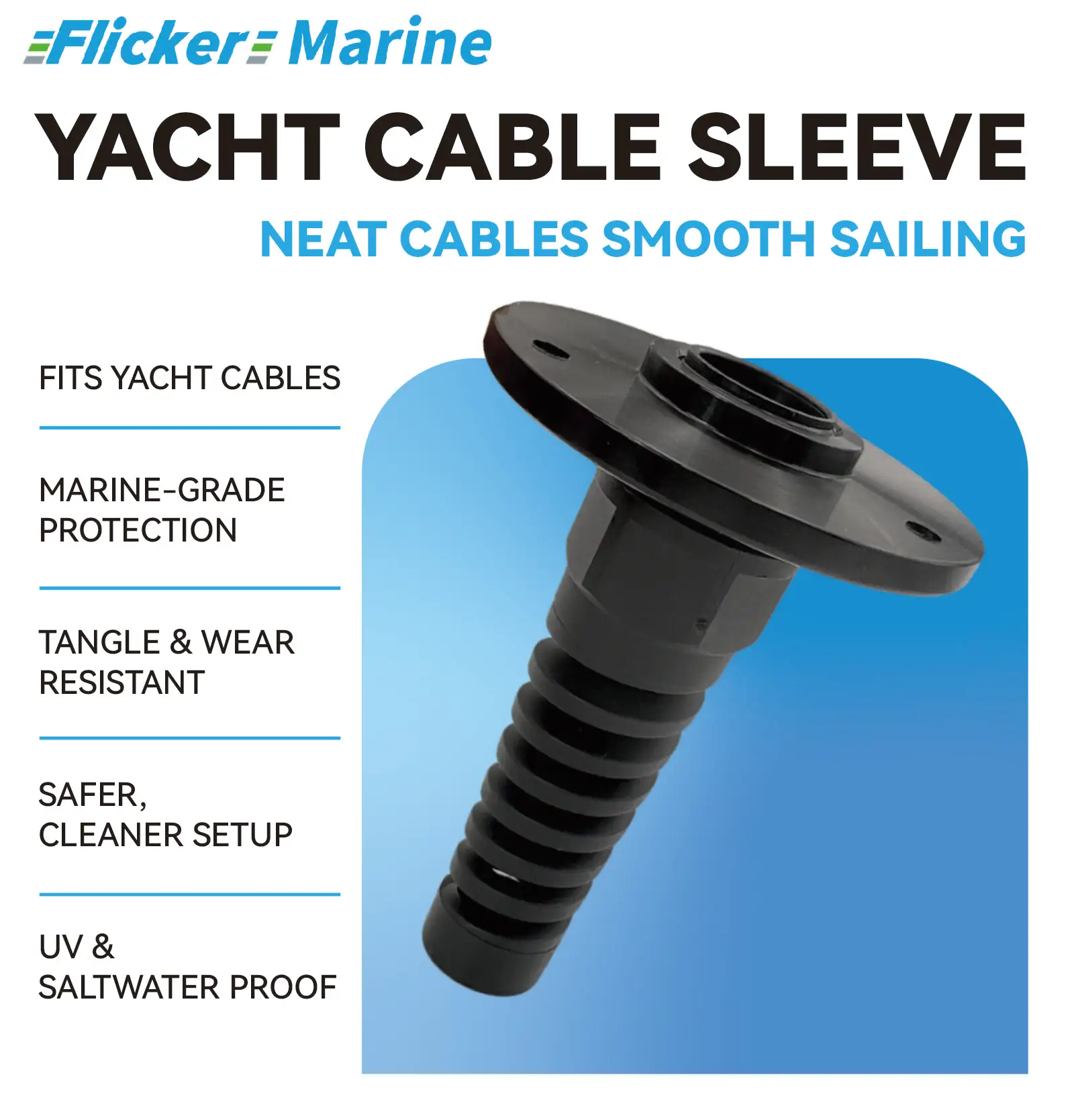 Marine-Grade Yacht Cable Sleeve, Tangle-Free Wire Protection Boot for Steering & Throttle Cables, UV & Saltwater Resistant