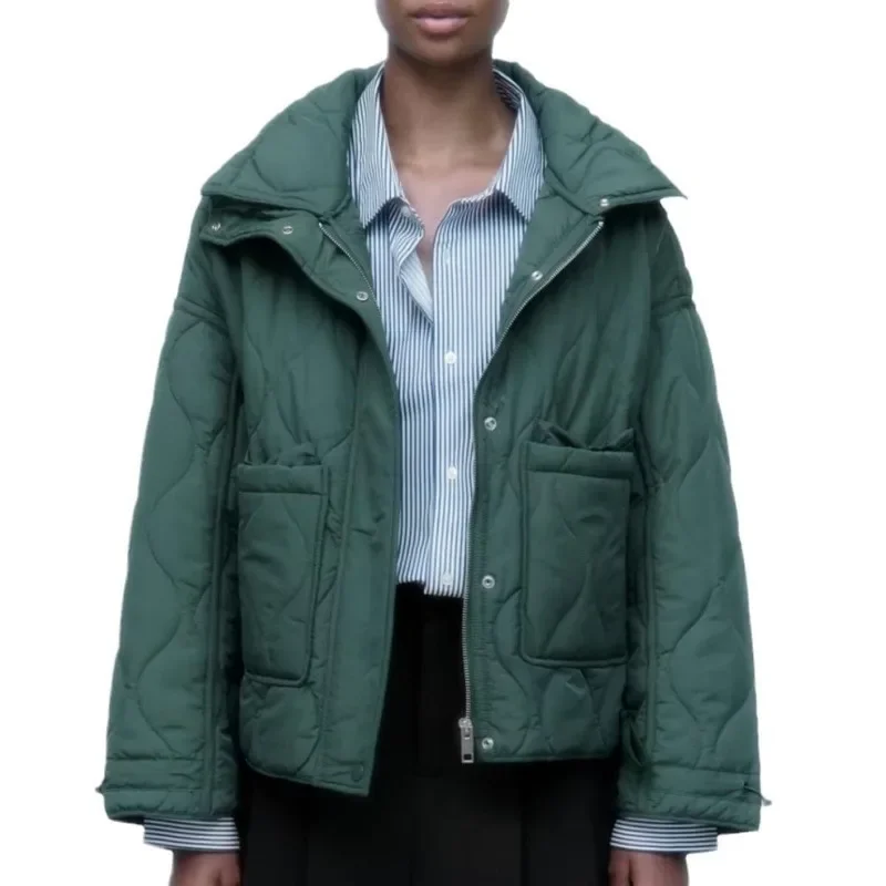 通勤レトロ婦人服ルーズ長袖レースアップショートジャケットグリーン巾着スタンドカラーポケット飾り女性コート