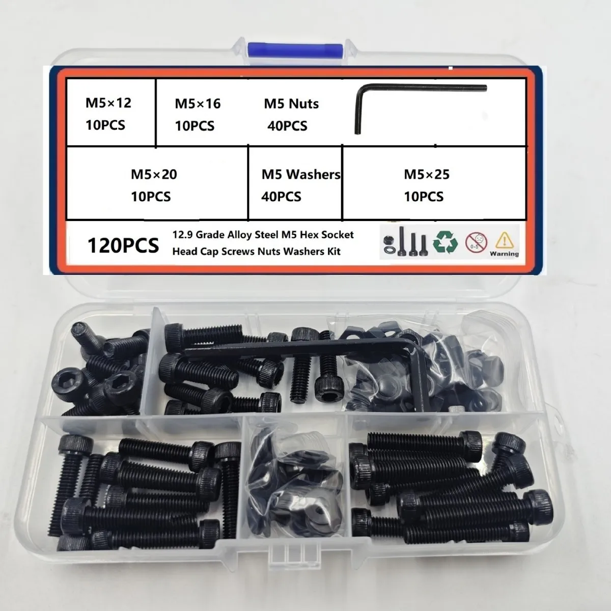 120Pcs M5 Screw Set Hex Socket Cap Bolts 12.9 Grade Alloy Steel Black Zinc Plated