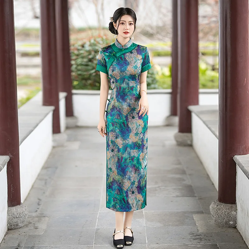

Длинное платье Cheongsam в традиционном китайском стиле, улучшенное, новинка 2023 года, женское летнее женское платье Ципао с короткими рукавами в стиле ретро