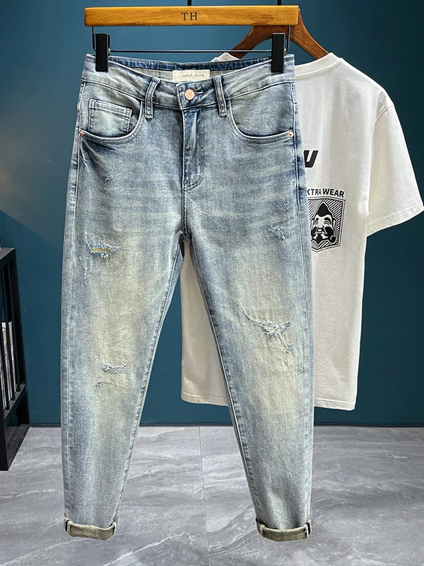

High-End Vintage Patchwork Jeans Men's Summer Thin Faion Brand Faded ket Embroidery Slim Nine-Piece Jeans Casual Cotton ...