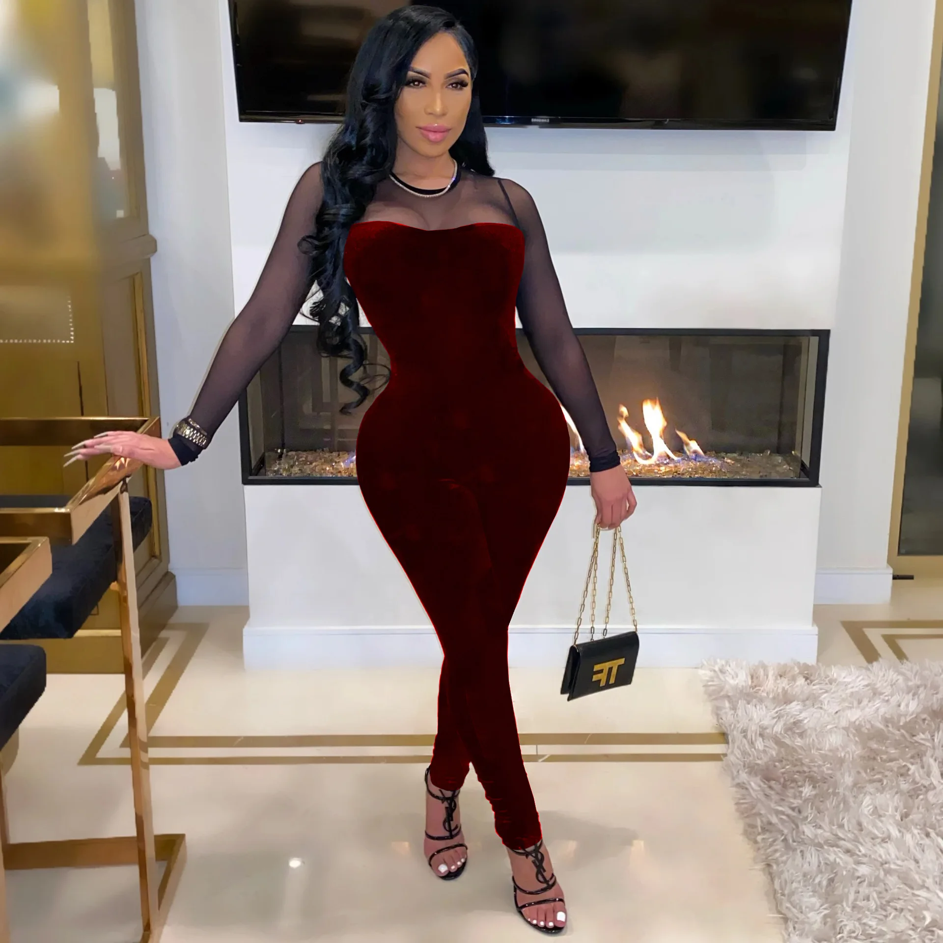 Fashion Women's Patchwork Mesh Rompers Long Sleeve Perspective Sexy Solid Color Zipper Comfortable Lady Rompers