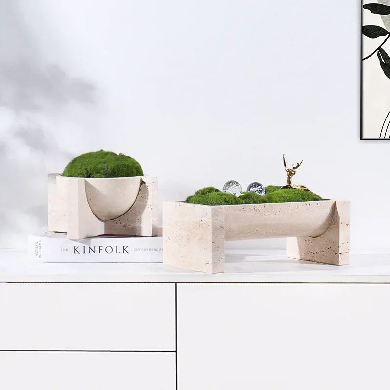 Natural Marble Stone Flower Pots Vintage Travertine Tablescape Succulent Aloe Vera Potted Grass Planter Hotel Home Decor