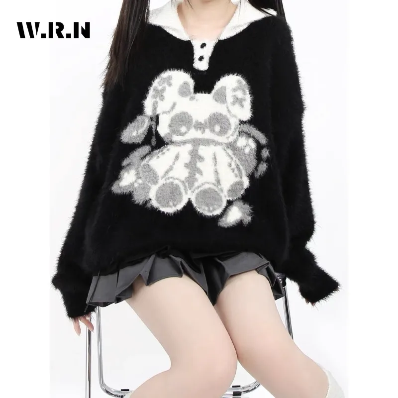 

2023 Autumn Winter Y2K Knitting Long Sleeve Sweet Casual Pullovers Korean Fashion Women Animal Print Ladies Acrylic Sweater