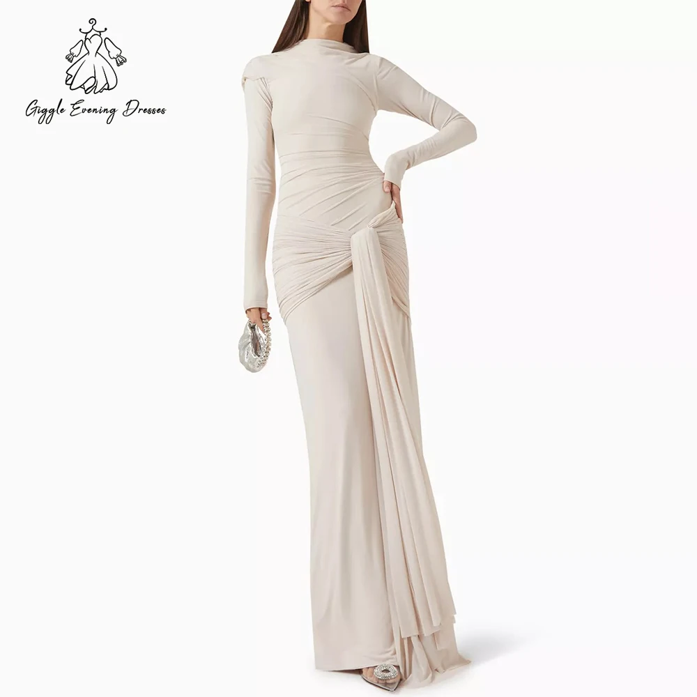 Giggle Simple Knitted Patchwork Bodycon Maxi Dress Long Sleeve Pleats Women's Fashion Crepe Evening Party Dress Customized