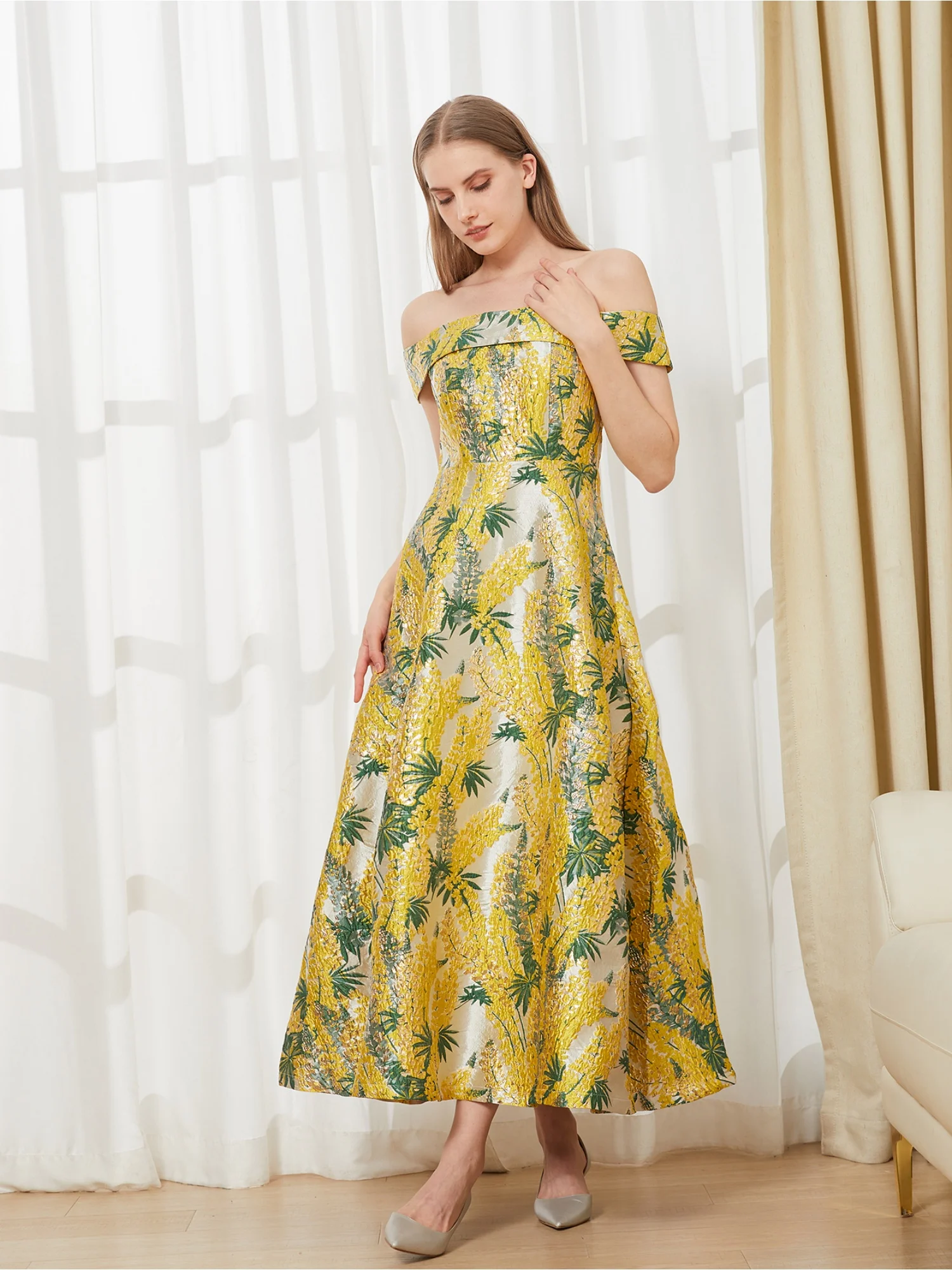 الفرنسية الرجعية خارج على الكتف الخصر تحديد متوهج فستان طويل مأدبة حفلة الحفل السنوي أنيقة الاجتماعية ثوب مسائي