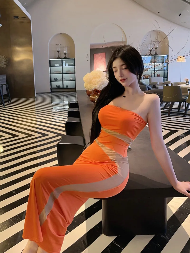 

WOMENGAGA Orange Irregular Long Dress Sexy Slim Mid Length Dress Elegant For Women Hot Sexy Korean Women Tops Sweet 2023 New B7J