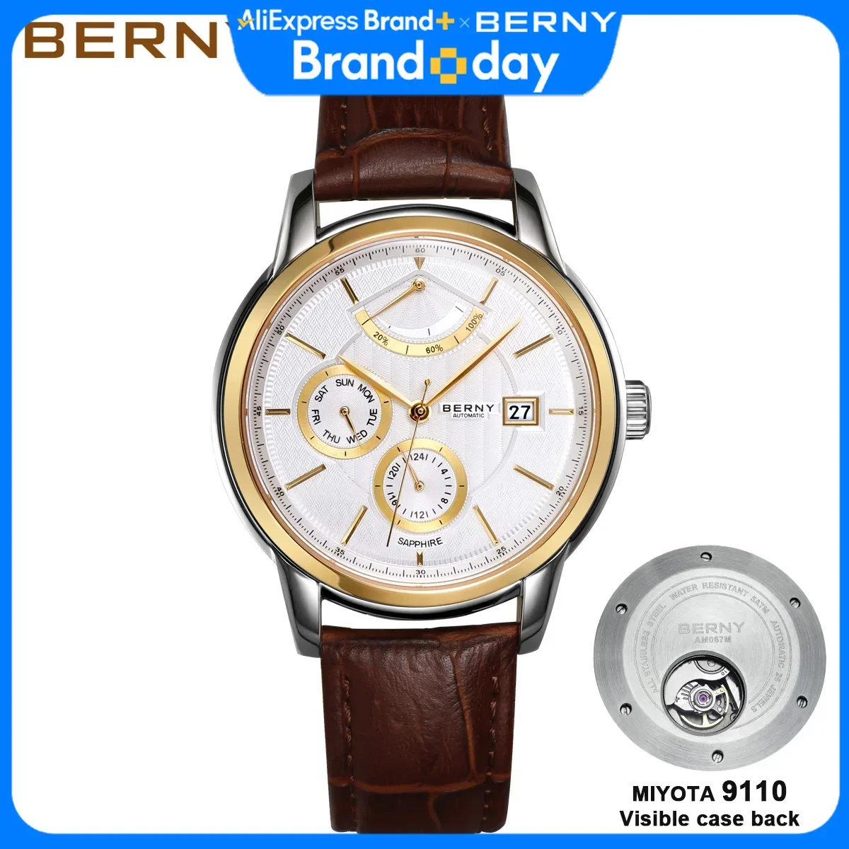BERNY Luxury Automatic Watches for Men Fashion Elegant Mechanical Wristwatch Sapphire Date Week High-end Men's Dress Watch