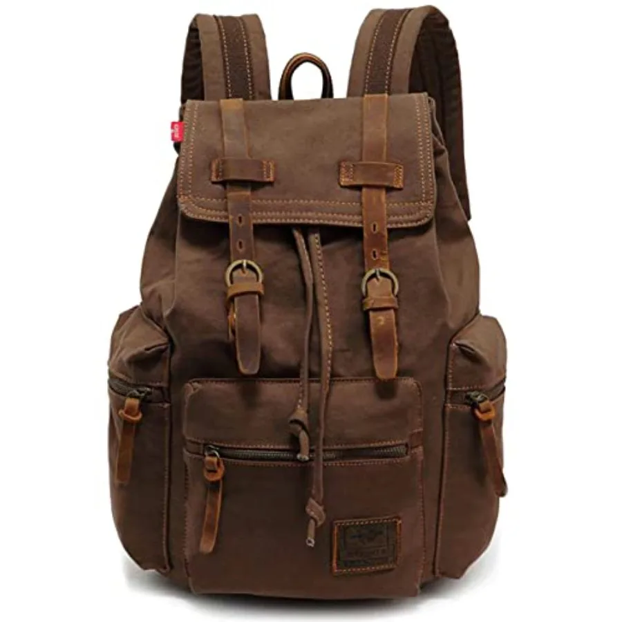 

Vintage Canvas Travel Backpack with Leather Trim Laptop Padded Sleeve Hidden Back Security Pocket Fits 14-Inch M32