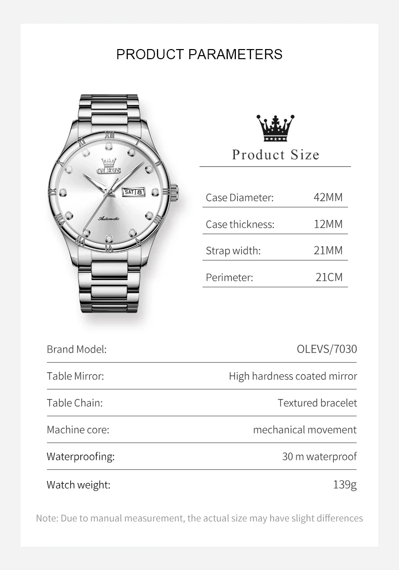 OLEVS 7030 Classic Men's Automatic Mechanical Wristwatches Luminous Dual Calendar Diamond Watch for Man Luxury