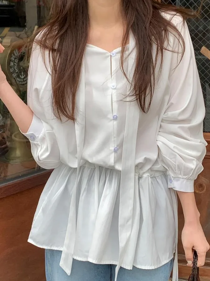 

Шикарная женская рубашка в корейском стиле, весенняя коллекция, белая, с завязками на талии, с длинными рукавами, свободного кроя, однотонная, универсальная, модная.