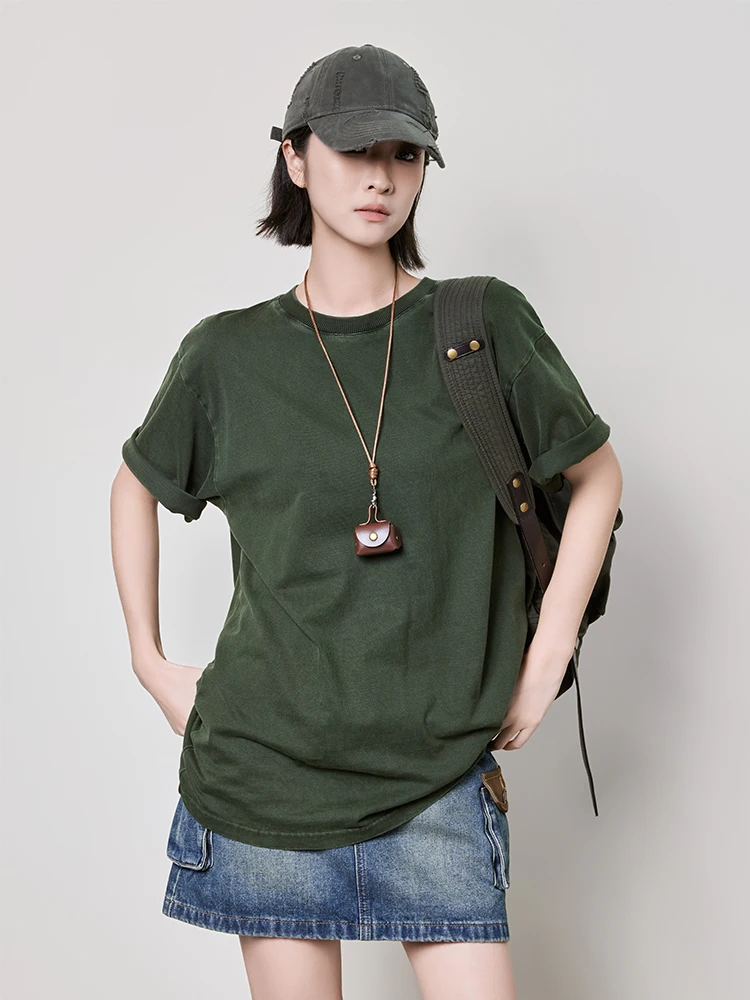 

Футболка Meiyang из хлопка, винтажная, состаренная, свободного кроя, с круглым вырезом, унисекс, повседневная, летняя, базовая